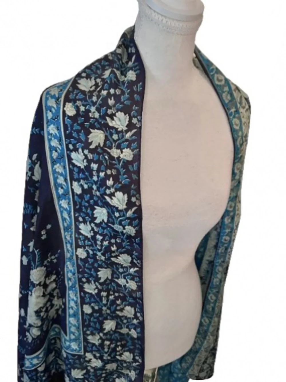 Lovely Large 100% Silk Floral Turquoise Aqua India Scarf Wrap Lightweight Boho